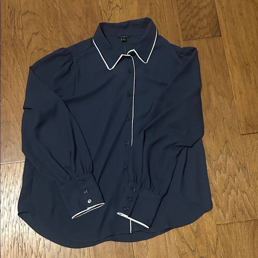 Ann Taylor Factory Navy Blouse with White Trim